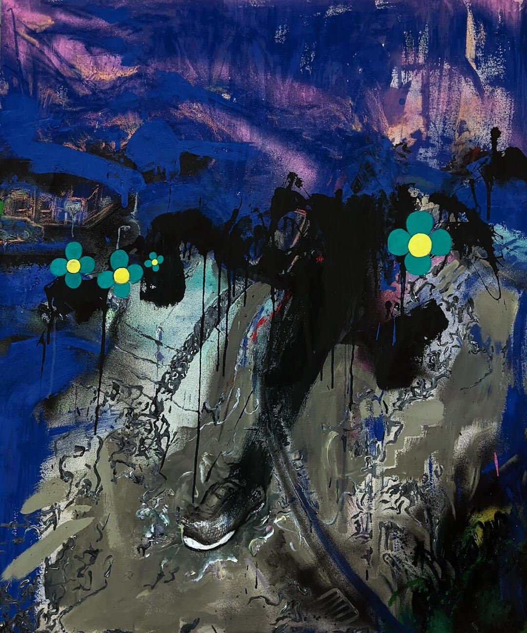 Acrylic, emulsion, spray paint, and oil pastel on canvas