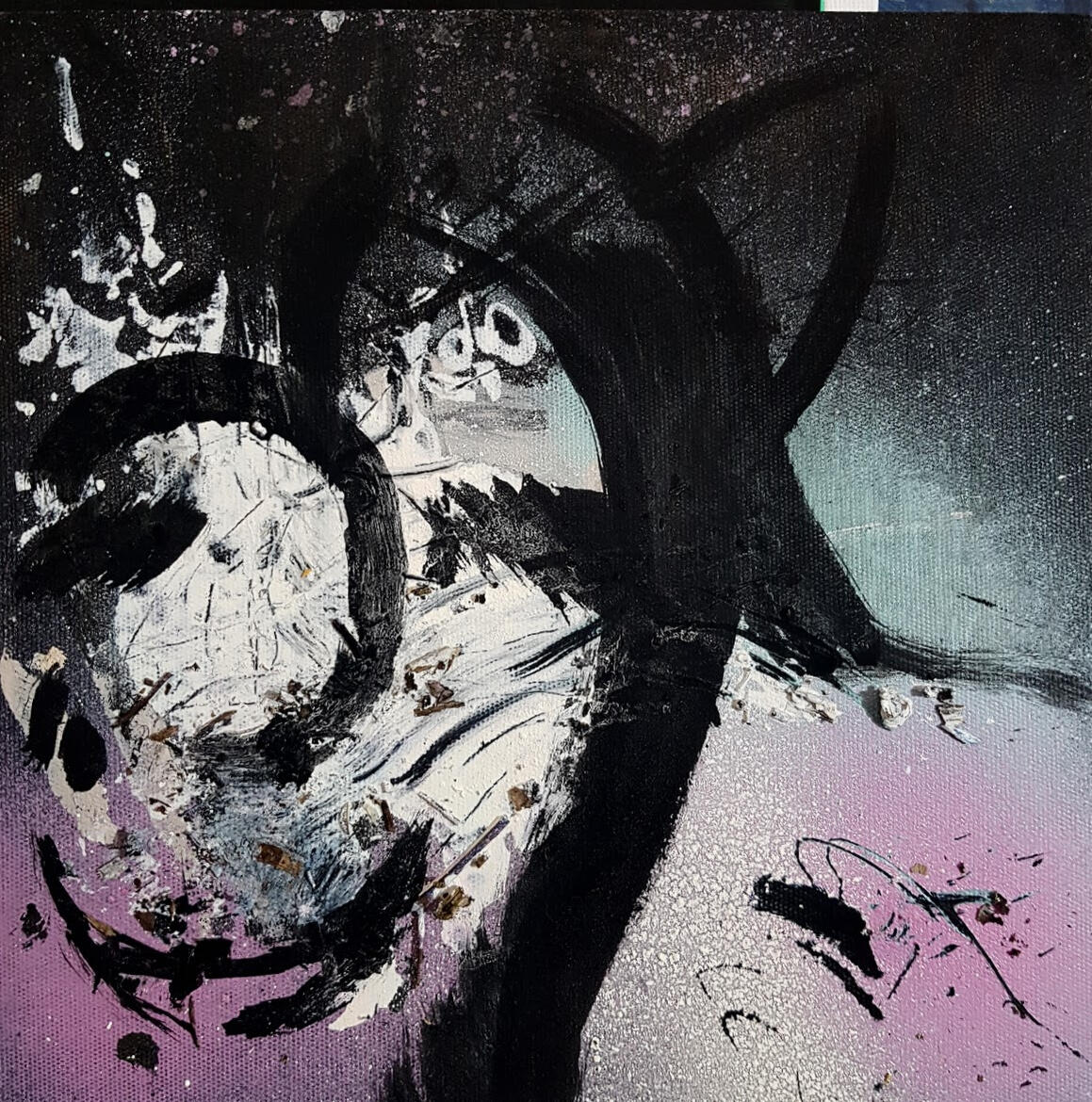 Emulsion, acrylic and wood chip on found canvas