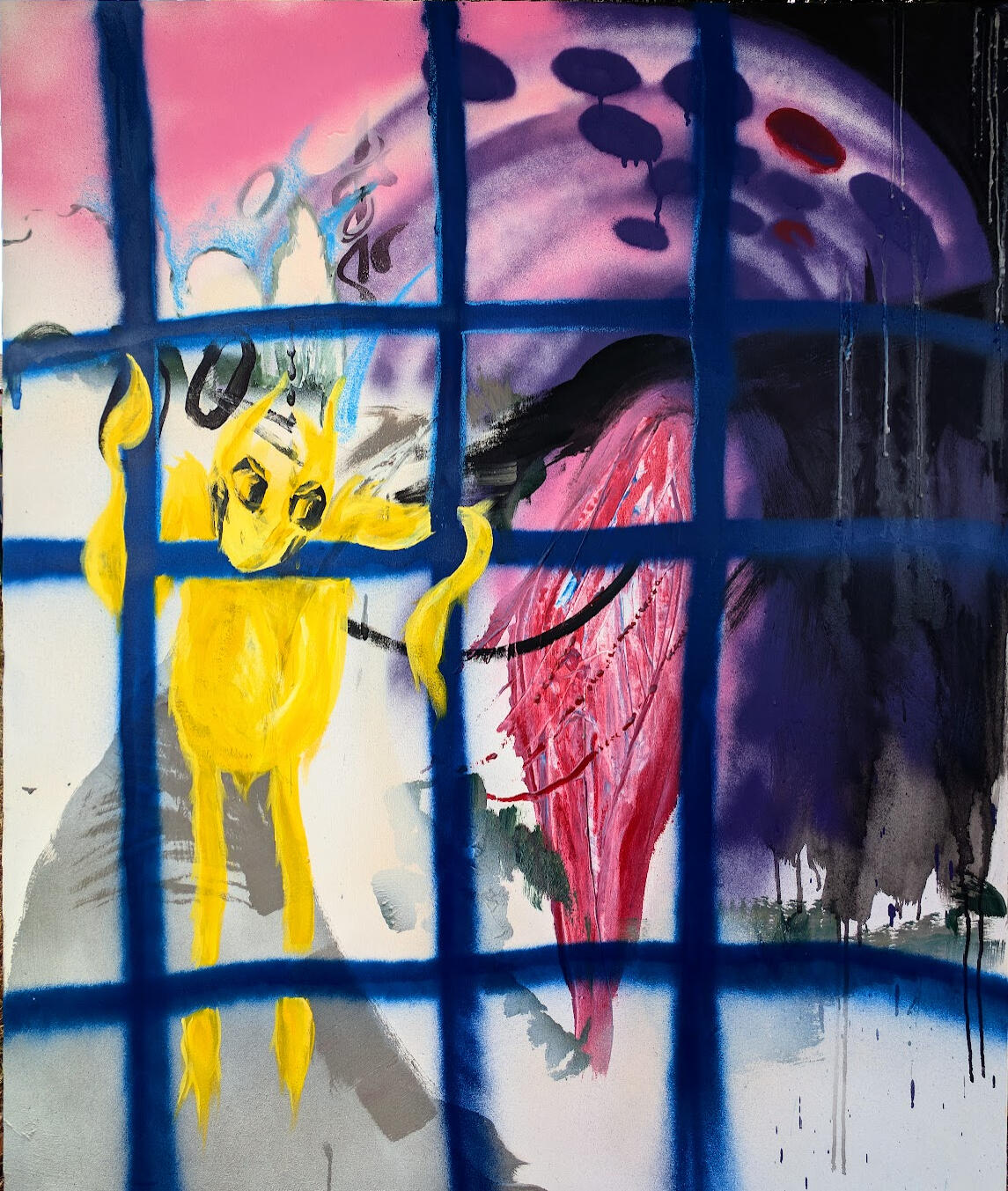 Acrylic, emulsion, spray paint, oil pastel and wax on canvas